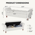 63" Wide Storage Bench, Polyester Upholstered End of Bed Bench with Pull Ring Design, Storage Shoe Cabinet Bench with Rolled Arm, Modern Window Bench for Bedroom (Cream White)