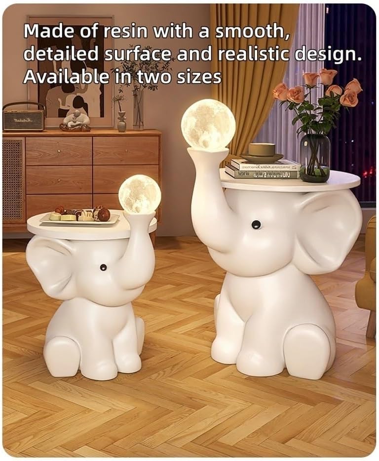 Resin Coffee Table, Elephant Shaped Side Table, Decorative Table with LED Lights, Nightstand with Wooden Tray, for Living Room, Bedroom(16.1x21.2in)
