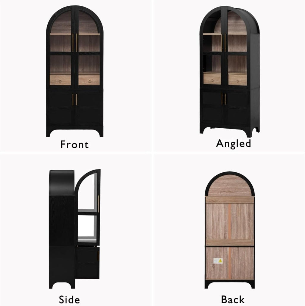 Hassyee Arched Kitchen Pantry Cabinet with Door Shelves, Farmhouse Kitchen Storage Cabinet with Open & Adjustable Shelves, Hidden Drawer & Glass Door, Cupboard for Kitchen, Dining Room (Black)