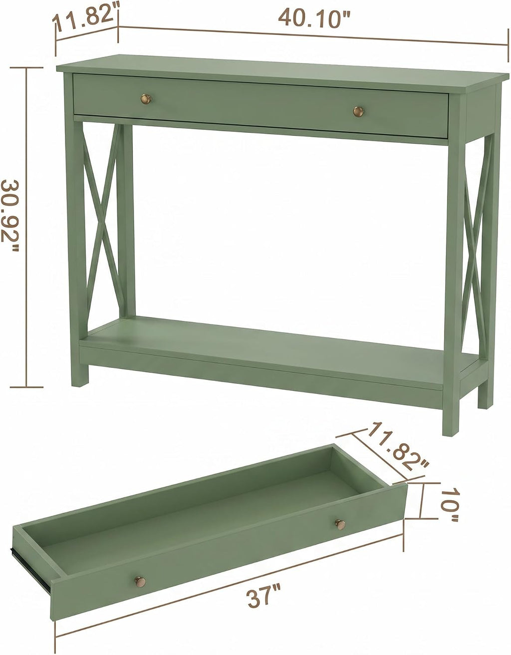 Treocho 40" Farmhouse Console Table with Drawer and Storage Shelves | Entryway, Living Room, Hallway, Antique, Green