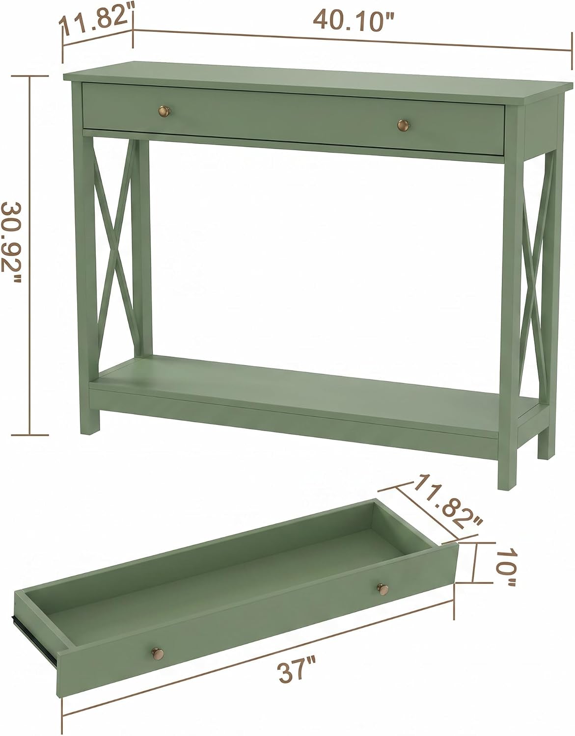 Treocho 40" Farmhouse Console Table with Drawer and Storage Shelves | Entryway, Living Room, Hallway, Antique, Green