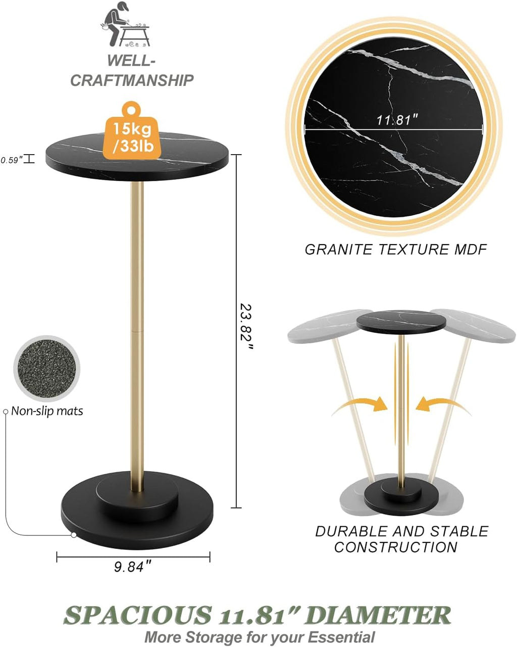 Round Side Table, Small Drink Table for Small Spaces, Modern Accent End Table with Metal Leg for Living Room, Bedroom, Corners, and Office (Black Marble)