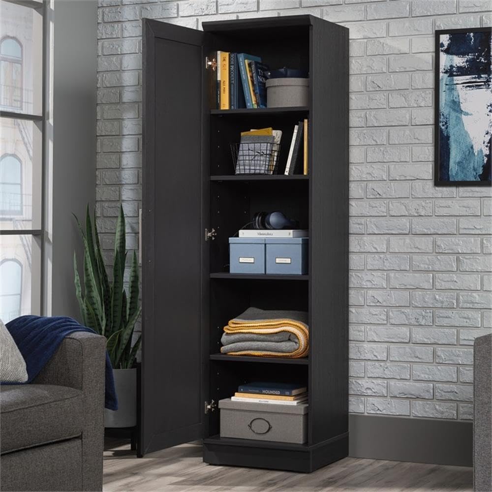 Pemberly Row Engineered Wood Single Door Pantry, 70.945 in H x 18.819 in W x 17.087 in D, Raven Oak Finish, Adjustable Shelves and Reversible Door, Kitchen or Dining Room Storage Cabinet