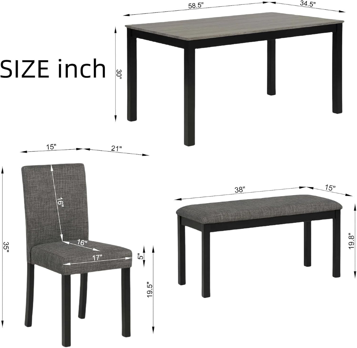 6 Piece Dining Table Set, Counter Height Kitchen Sets, Black | Rectangular Table, 4 Upholstered Backrest Chairs and a Bench, Wood Grain Surface, Modern Dining Room Table Set for 5