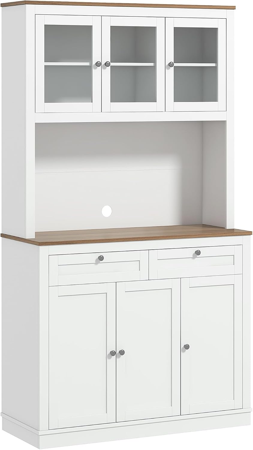 71" Tall Kitchen Pantry, Freestanding Kitchen Hutch Storage Cabinet with Glass Doors, 2 Drawers, Adjustable Shelves for Dining Room Kitchen