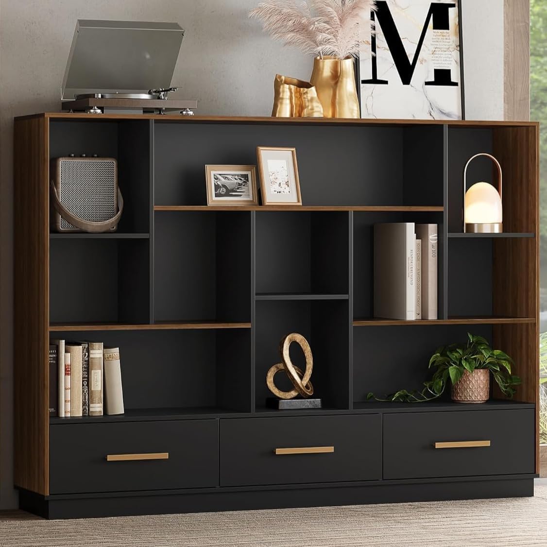 ModernMate 60" Wide Bookcase with 3 Drawers and 12 Open Cubes, Black Walnut
