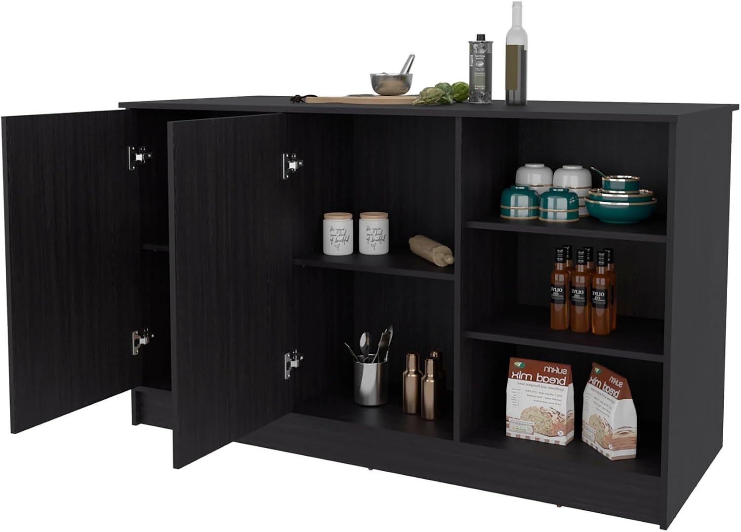 Wengue Kitchen Island with 2-Door and Open Storage | Six-shelf design with open storage for access and organized organization