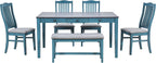 LUMISOL 6-Piece Dining Table Set with Bench, Farmhouse Solid Wood Kitchen Table Set with Bench, 4 Upholstered Chairs & Storage Drawers for Kitchen, Dining Room, Living Room, Antique Blue