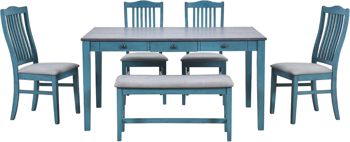 LUMISOL 6-Piece Dining Table Set with Bench, Farmhouse Solid Wood Kitchen Table Set with Bench, 4 Upholstered Chairs & Storage Drawers for Kitchen, Dining Room, Living Room, Antique Blue