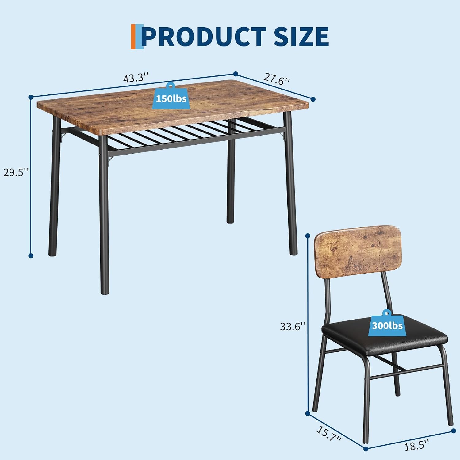 GarveeHome Dining Table Set for 4 with Storage Rack, Brown | 5-Piece Kitchen Table and Upholstered Chairs, Wood Tabletop, Heavy-Duty Metel Frame, for Small Space, Apartment, Kitchen Room