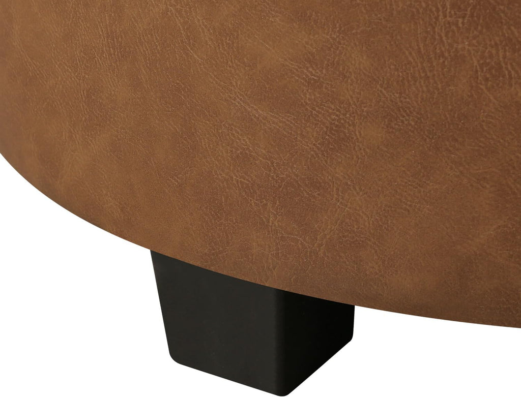 Adeco Brown Upholstered Round Faux Leather Storage Ottoman with Solid Wood Grain Plastic Legs | Tufted Foot Rest Ottoman for Living Room & Bedroom | Decorative Home Furniture