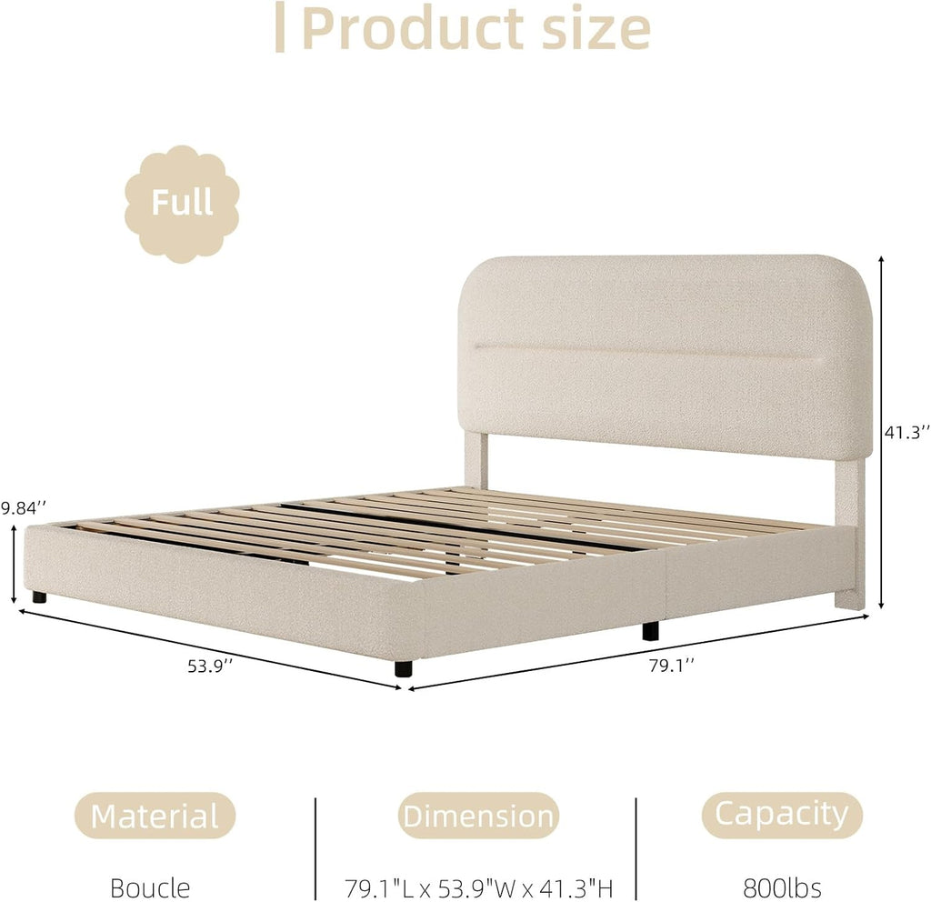 HOMBCK Full Size Cloud Bed Frame, Plush Boucle Upholstered Platform Bed, Adjustable Padded Headboard, Rounded Corners, Low‑Profile Design, No Box Spring Needed, Cream