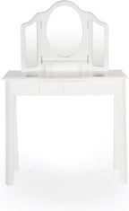 Guidecraft Classic White Vanity and Stool Set: Kids' Wooden Table with 3 Mirrors, Storage Seat and Make-Up Drawer - Children's Furniture