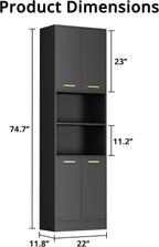 Cozy Castle Kitchen Pantry Cabinet, 75" Tall Wood Storage Cabinet with Doors and Shelves, 4 Doors Open Countertop Utility Hutch Cupboard for Dining Room Living Room Bathroom Furniture, Black