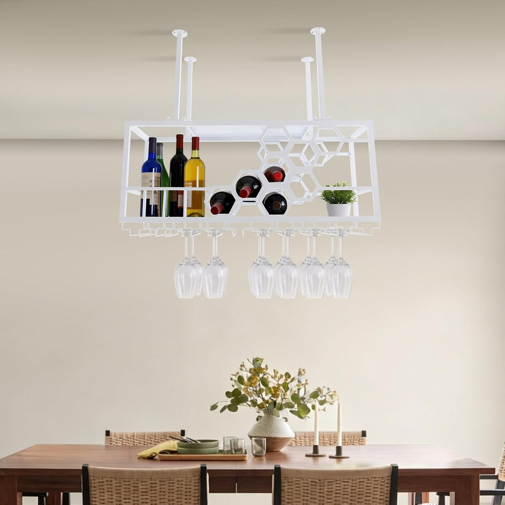 Ceiling Wine Glass Rack, 39" Hanging Wine Rack with Glass Holder and Shelf, Industrial Hanging Wine Bottle Holder, Iron Wine Shelf for Bar Cafe Kitchen - White