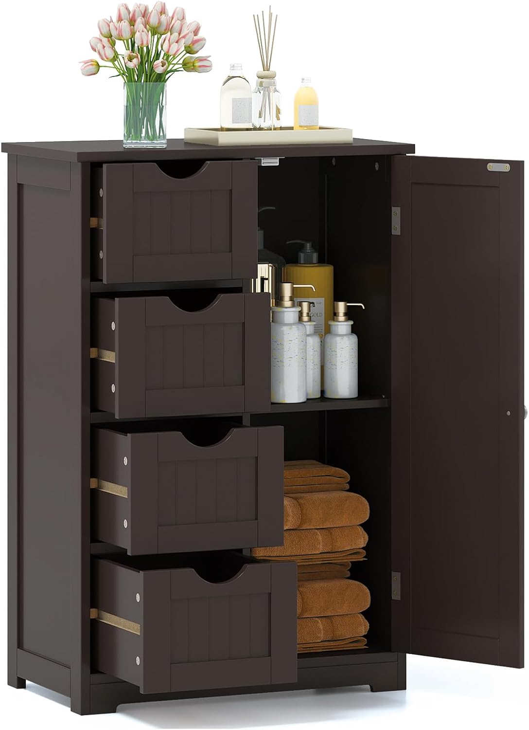 GLACER Bathroom Floor Cabinet, Multifunctional Storage Cabinet (Brown) | Wooden Side Storage Organizer | 4 Drawers & 1 Door | For Laundry Room, Living Room or Kitchen