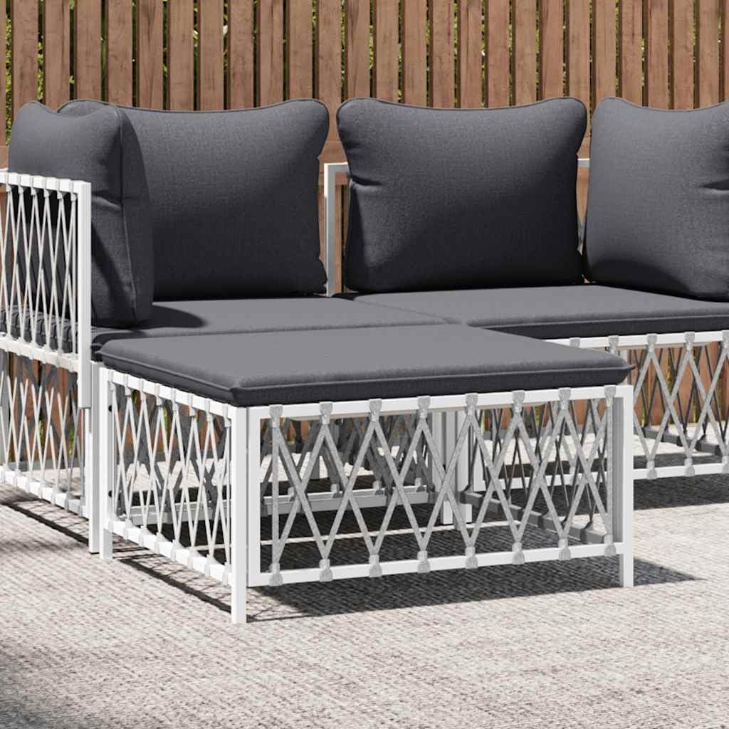 Patio Footstool with Cushion, White Woven Fabric Ottoman, Powder-Coated Steel Frame, Thickly Padded Seat for Garden Relaxation