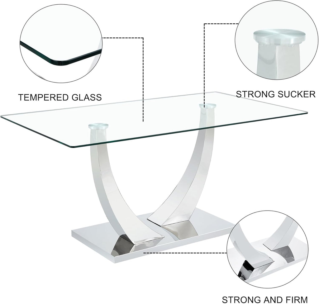 Modern Silver Dining Table, 63" Dining Room Table for 4-6 with Heavy Duty Tempered Glass Top, Rectangular Glass Kitchen Table with Sturdy U Shaped Base for Kitchen Dining Room