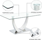 Modern Silver Dining Table, 63" Dining Room Table for 4-6 with Heavy Duty Tempered Glass Top, Rectangular Glass Kitchen Table with Sturdy U Shaped Base for Kitchen Dining Room