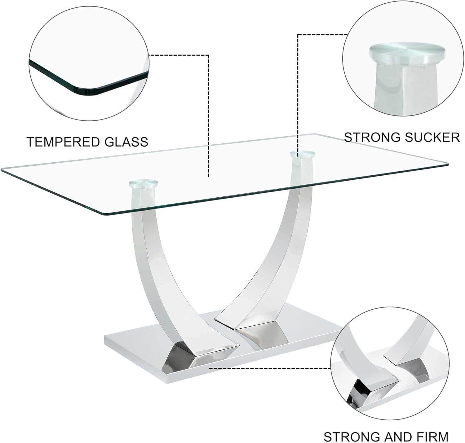 Modern Silver Dining Table, 63" Dining Room Table for 4-6 with Heavy Duty Tempered Glass Top, Rectangular Glass Kitchen Table with Sturdy U Shaped Base for Kitchen Dining Room