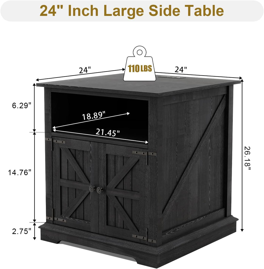 MUUEGM End Table Set of 2 Large Side Table 24" Farmhouse Nightstands with Charging Station Wood Bedside Night Stands with Adjustable Storage Shelf for Living Room, Bedroom