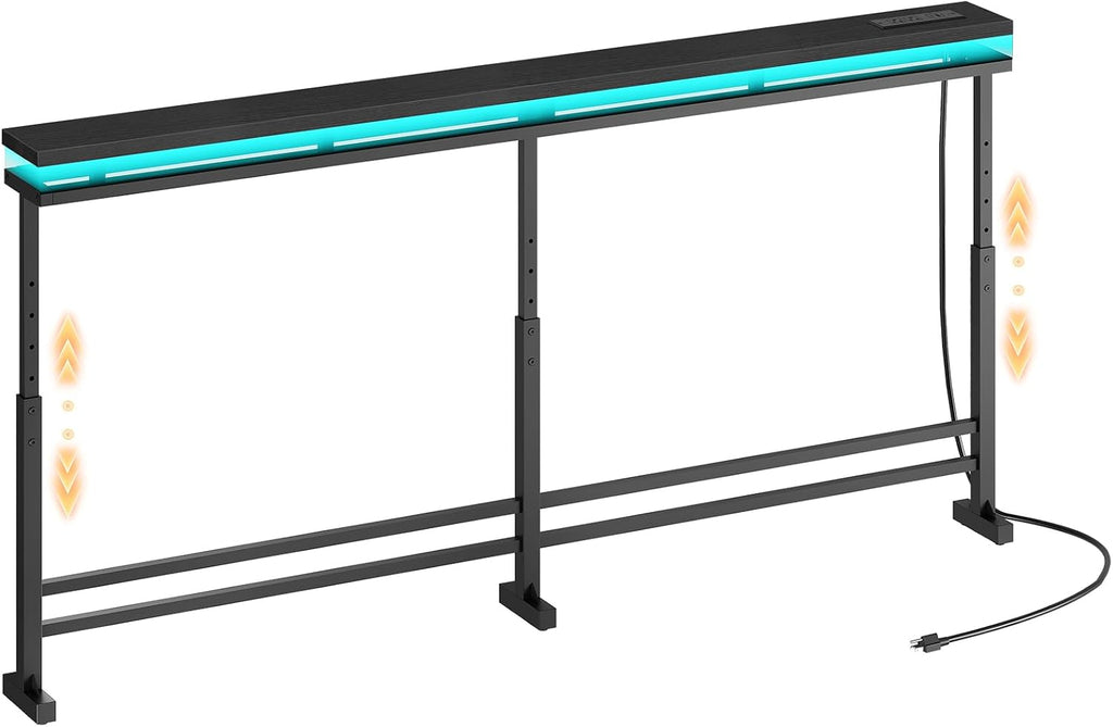 YATINEY 70.9" Behind Couch Table with LED Lights, Narrow Console Table with Adjustable Height (27.6"-35.4"), 5.9" Wide Sofa Tables Narrow Long with USB-C Ports, Sofa Side Table, Black CT26UDBB