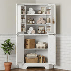 Corner Cabinet, Metal Storage, Kitchen Pantry Cabinet with Adjustable Shelves & Spice Rack, Tall Freestanding Corner Pantry with Shaker Doors & Gold Handles for Kitchen, Bathroom, Living Room (White)