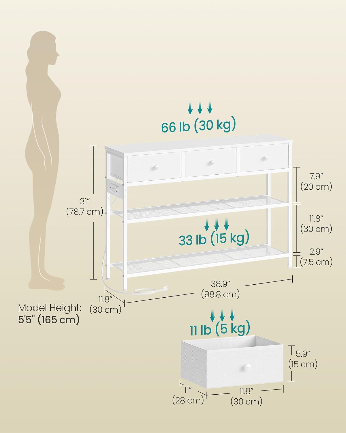 SONGMICS Console Table with Charging Station, Narrow Sofa Table with LED Lighting, for Entryway, Living Room, 11.8 x 38.9 x 31 Inches, 3 Fabric Drawers, Cloud White, BELLAH Collection ULGS198W101
