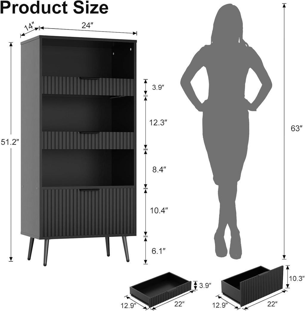 51" Tall Modern Black Storage Cabinet, Freestanding Kitchen Pantry Cabinet with 3 Drawers & Open Shelf, Buffet Sideboard Hutch, Snack Linen Cabinet for Dining Room,Bathroom, Bedroom, Office