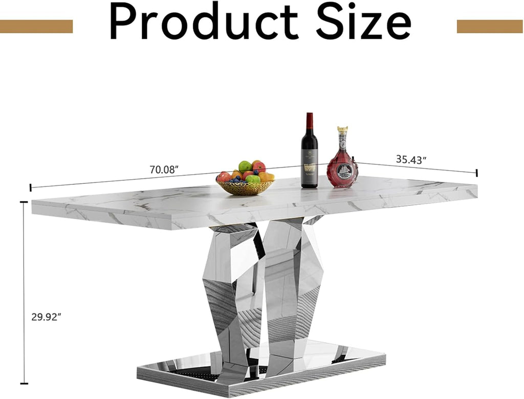 Henf Luxury Marble Dining Table for 6-8 Rectangular 70" Faux Marble Kitchen Table with Silver Mirrored Stainless Steel Base,White Faux Marble Large Long Pedestal Table (Table Only)