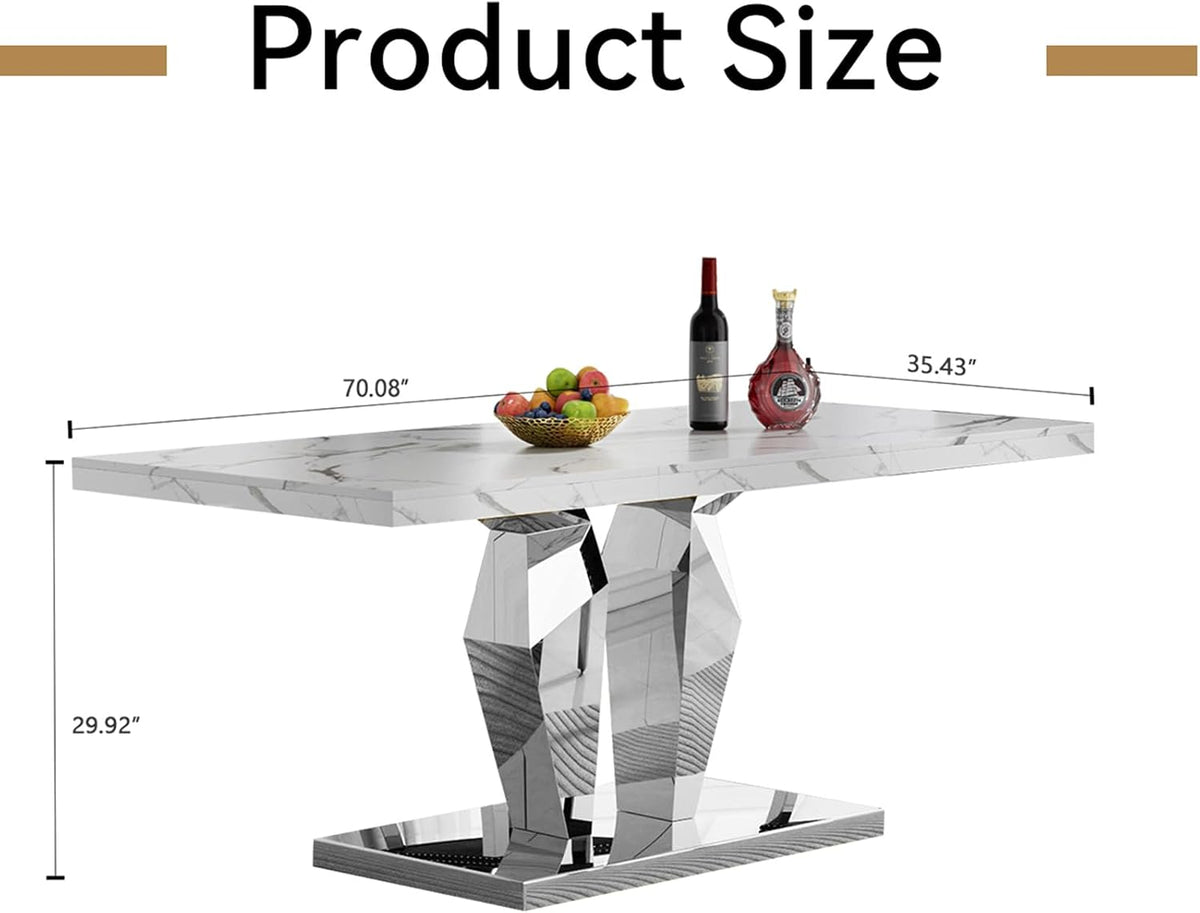 Henf Luxury Marble Dining Table for 6-8 Rectangular 70" Faux Marble Kitchen Table with Silver Mirrored Stainless Steel Base,White Faux Marble Large Long Pedestal Table (Table Only)
