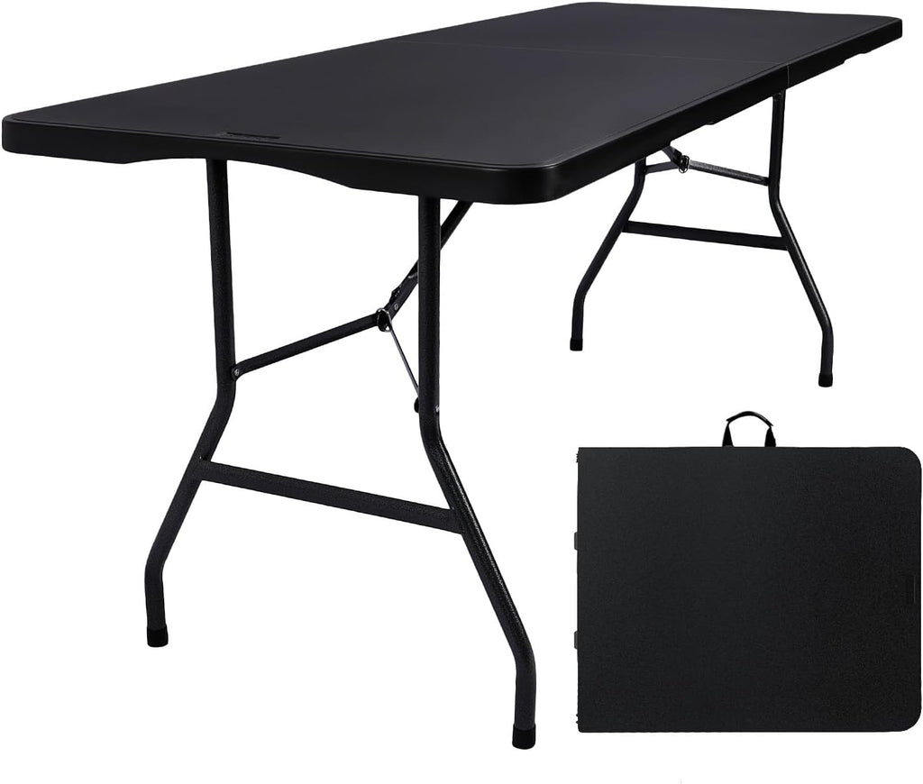 Folding Table 6ft, Heavy Duty Plastic Fold-in-Half Utility Table, Black | Portable Utility Table,HDPE Top,Carry Handle,Sturdy Steel Legs,Indoor Outdoor for Parties,Camping, Dining,Supports 330 lbs