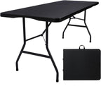 Folding Table 6ft, Heavy Duty Plastic Fold-in-Half Utility Table, Black | Portable Utility Table,HDPE Top,Carry Handle,Sturdy Steel Legs,Indoor Outdoor for Parties,Camping, Dining,Supports 330 lbs