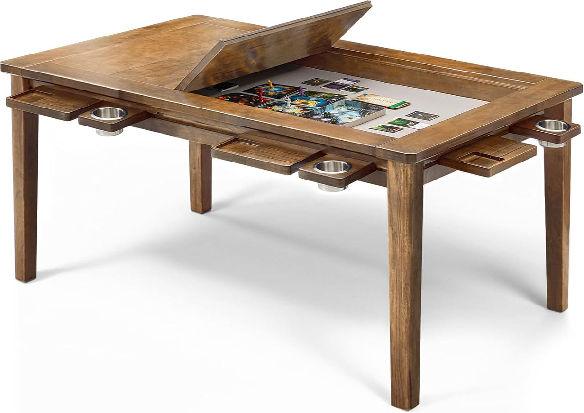 Coperat Solid Wood Board Game Table for 4-6 Players,Dining/Gaming Table w/ 54"x31" Big Gaming Space and Removable Top,Includes Game Mat, 6 Cup Holders & Hobby Tray, Light Walnut