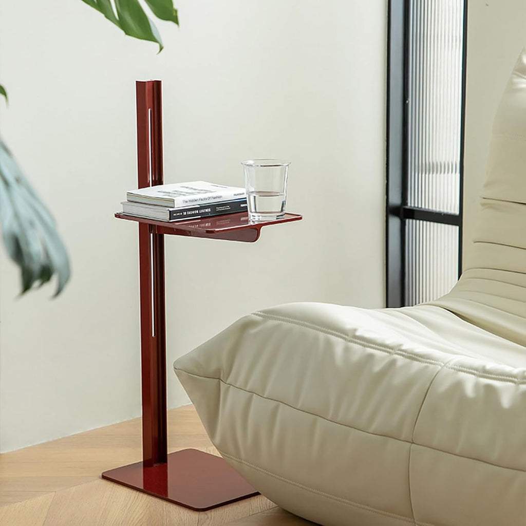C-Shaped Metal End Table, Height Adjustable Side Table Rectangular Coffee Table Sofa Table for Living Room, Bedroom and Small Space, Red