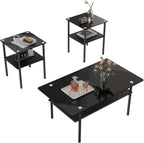 3 Piece Glass Coffee Table Set with 2-Tier Storage, Tempered Glass Living Room Table with Black Metal Legs and MDF Shelf, Modern End Tables for Small Space Apartment (1, Black)