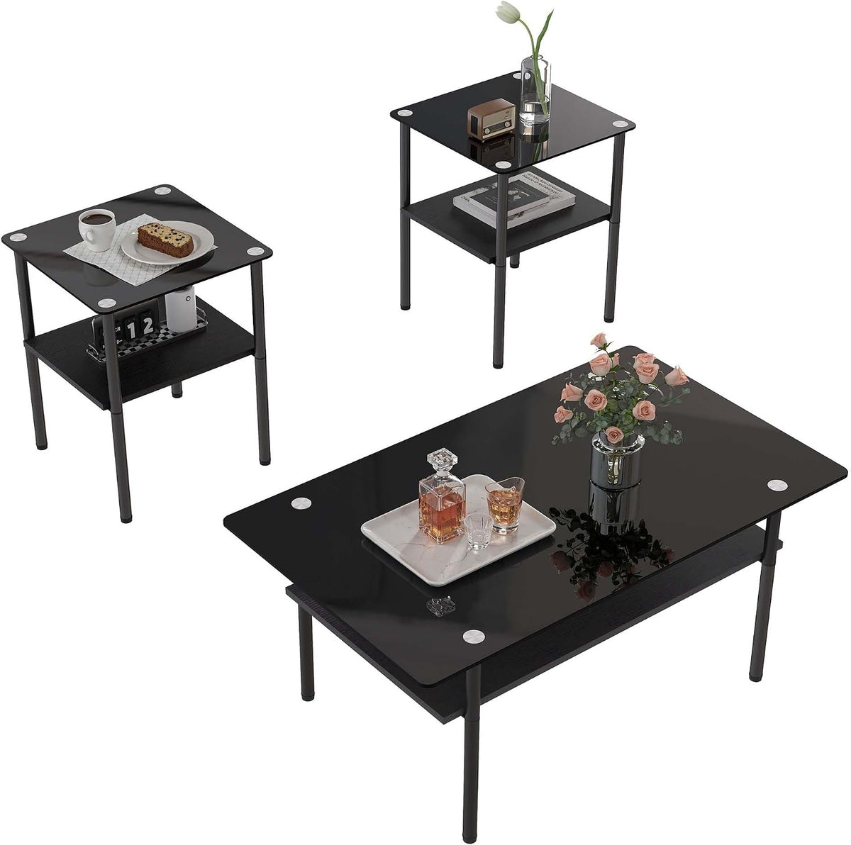 3 Piece Glass Coffee Table Set with 2-Tier Storage, Tempered Glass Living Room Table with Black Metal Legs and MDF Shelf, Modern End Tables for Small Space Apartment (1, Black)
