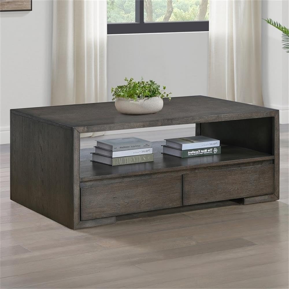 Pemberly Row 3-Piece Coffee & End Table Set, Walnut Finish, Oak Veneers and Solid Hardwood, Built-in Storage Drawers, Open Shelves, Contemporary Style Living Room Furniture