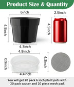 20 Pack Plant Pots, 6 Inch Plastic Plant Planter with Saucers and Mesh Mats, Durable Flower Pots with Drainage Holes Perfect for Indoor Outdoor, Black