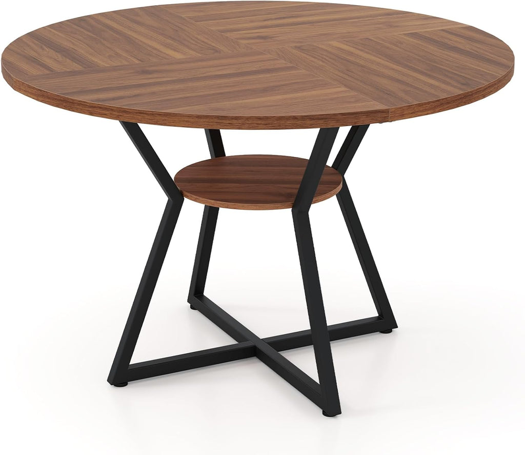KOTEK 47 Inches Round Dining Table for 4, Farmhouse Kitchen Table with Storage Shelf, X-Shaped Metal Base, Adjustable Foot Pads, Circle Dinner Table for Dining Room, Living Room