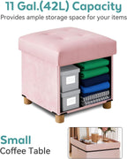 BRIAN & DANY 15" Small Ottoman with Storage Cube, Square Storage Ottoman Foot Stool with Wood Legs, Velvet Ottomans for Living Room, Bedroom, Dorm, Pink