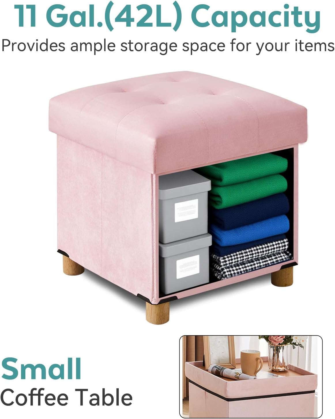 BRIAN & DANY 15" Small Ottoman with Storage Cube, Square Storage Ottoman Foot Stool with Wood Legs, Velvet Ottomans for Living Room, Bedroom, Dorm, Pink