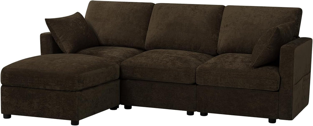 84” Chenille 3-Seats Sofa W/Movable Ottoman, Brown | Modern Fabric L-Shaped Couch w/Soft Backrests, Upholstered Sectional Sofa w/Arm Pillows for Living Room