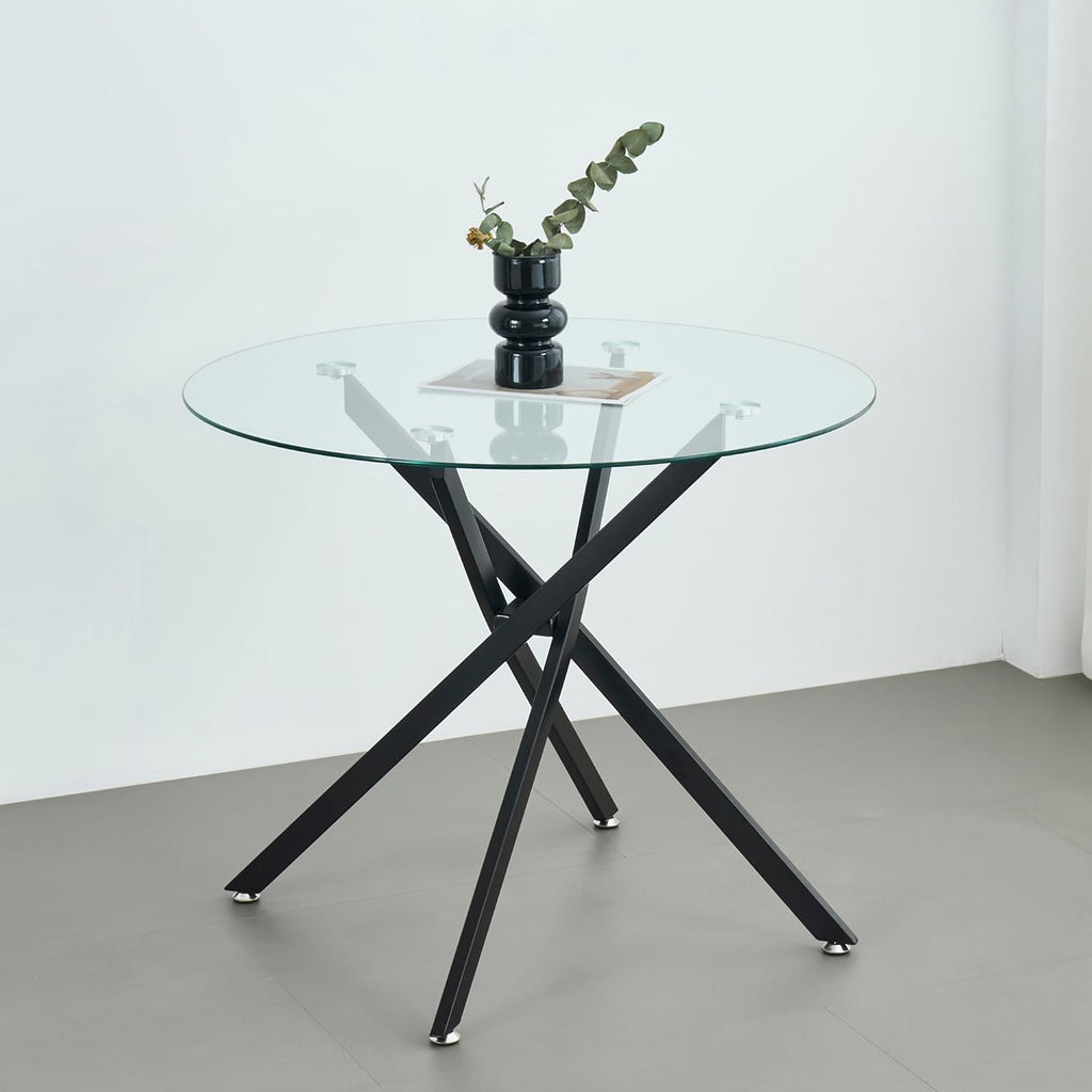 Modern Dining Table for 4-6 People, 47" Round Dining Table with Black Chrome Metal X-Base, Circle Tempered Glass Dining Room Table, Small Kitchen Dining Room Tables Dinner Tables