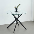 Modern Dining Table for 4-6 People, 47" Round Dining Table with Black Chrome Metal X-Base, Circle Tempered Glass Dining Room Table, Small Kitchen Dining Room Tables Dinner Tables