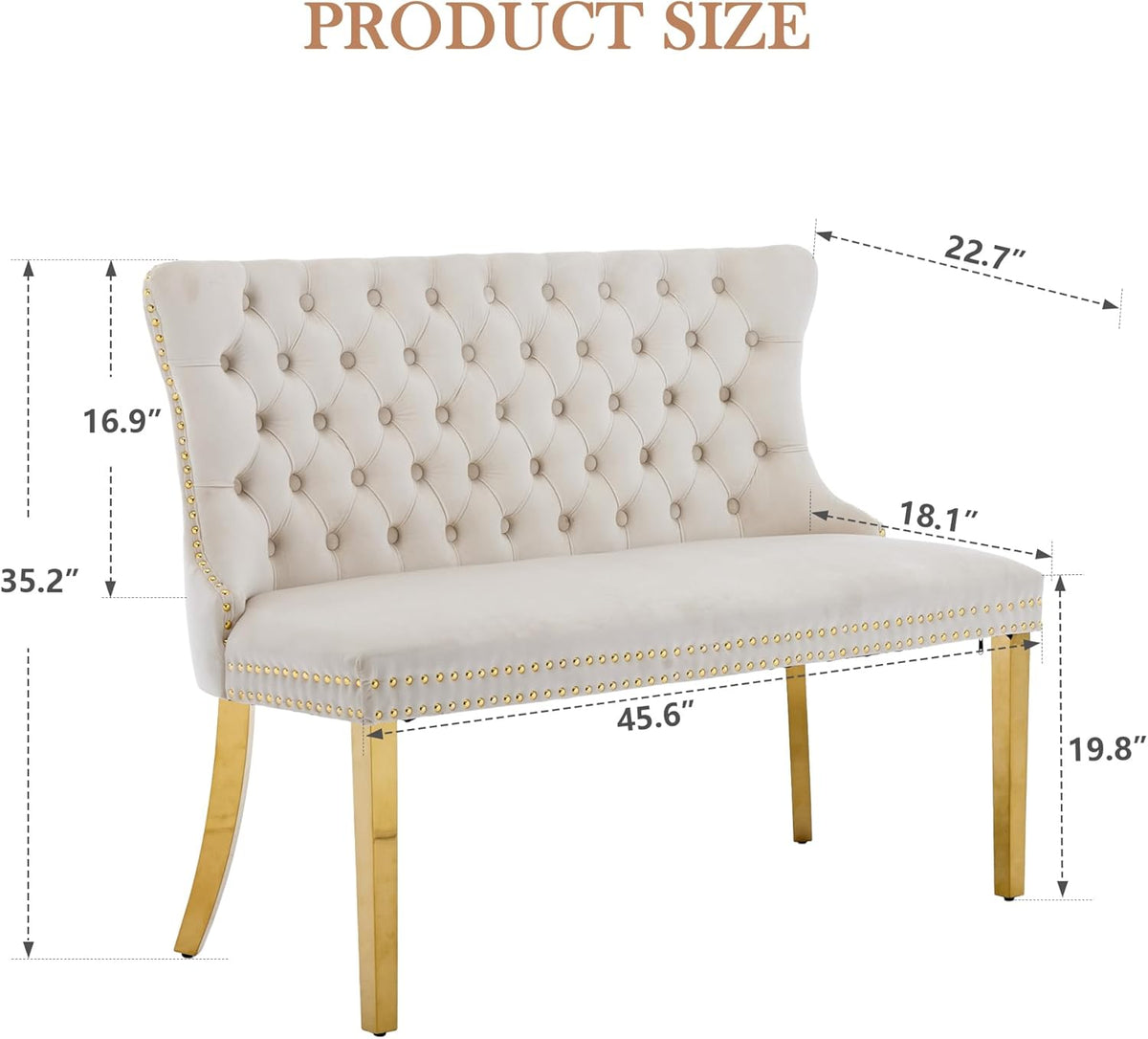 Velvet Double Upholstered Dining Bench with Wing Back, Small Loveseat Sofa Couch, Tufted Upholstered 2-Seat Design, Glod Stainless Steel Legs, for Dining Room, Kitchen, or Entryway, Beige