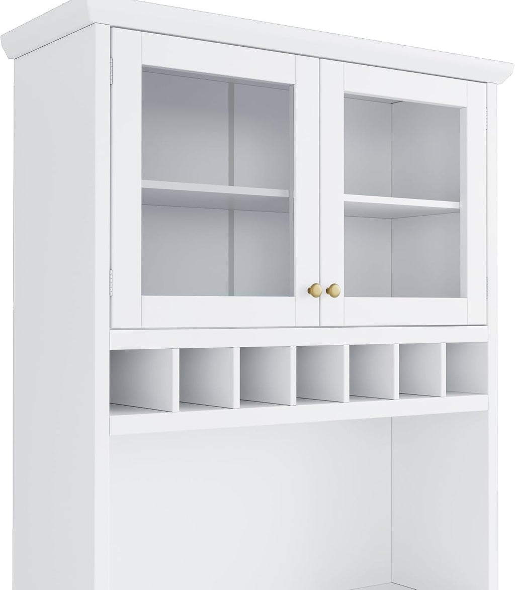 Merax 75" Tall Kitchen Pantry Storage Cabinet with Microwave Stand and Wine Rack, Pantry Storage Cabinet with 2 Pull Out Shelves and Glass Door, 35.4" W Coffee Bar Hutch for Dining Room,White
