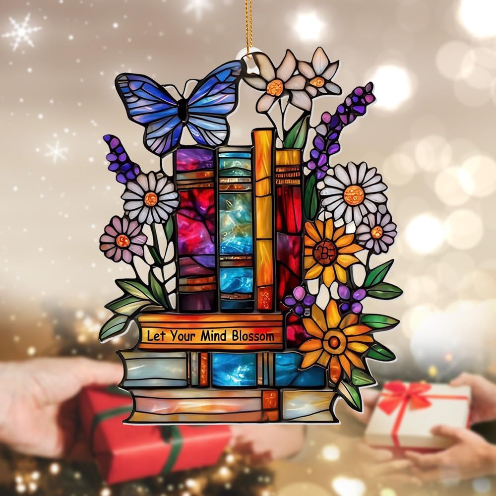 Book Ornament – Stained Glass Style Acrylic Christmas Ornament with,Teacher Back To School Gift, Bookish Gifts For Librarian, BookLovers,Reader, Women, Suncatcher Effect Decor For Christmas Tre,S-18