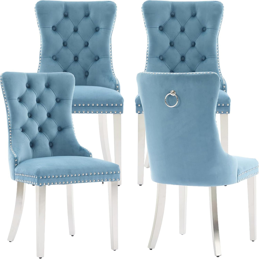 Velvet Dining Chairs Set of 4, Tufted Upholstered High Wingback Chairs with Nailhead Trim & Pull Ring, Silver Stainless Steel Legs for Dining Room, Sillas de Comedor, Light Blue