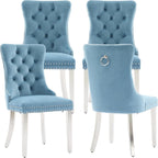 Velvet Dining Chairs Set of 4, Tufted Upholstered High Wingback Chairs with Nailhead Trim & Pull Ring, Silver Stainless Steel Legs for Dining Room, Sillas de Comedor, Light Blue
